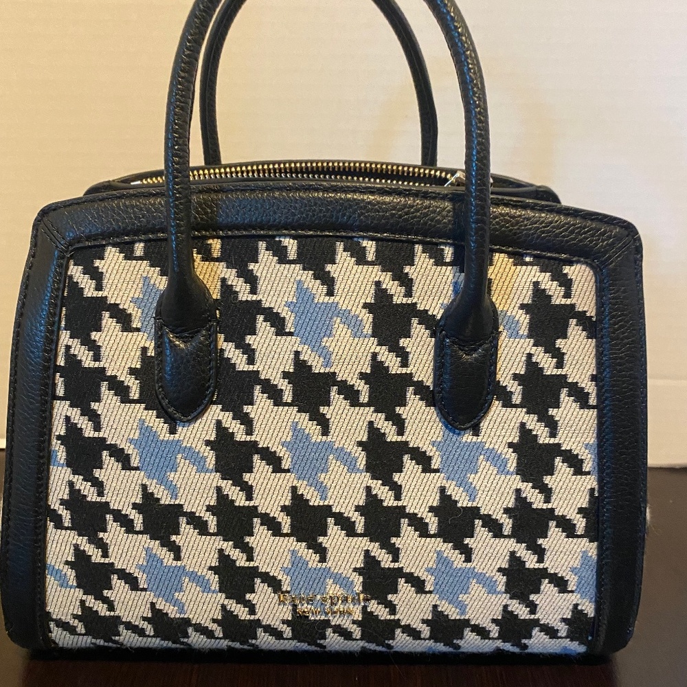 Kate Spade New York Knot Houndstooth Satchel Blue White Fabric Leather Trim